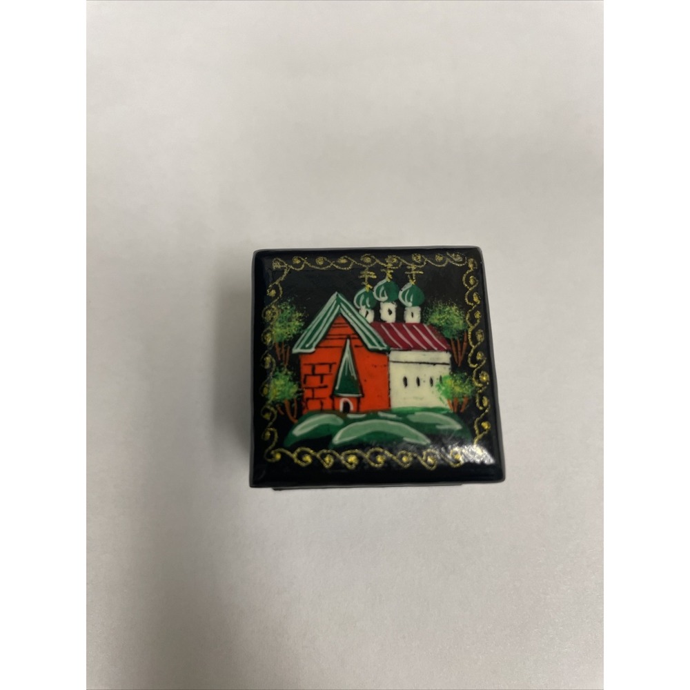 Vintage Miniature Russian Lacquer Black Hand Painted Trinket‎ Box Red Interior
